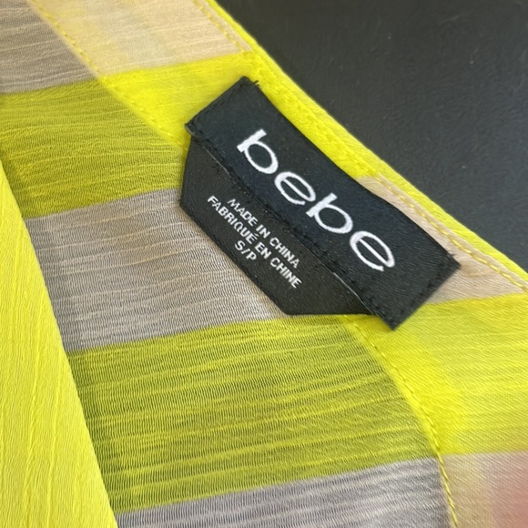 Bebe Neon Yellow & cream, V neck, tie waist band, Sheer, small - Picture 5 of 9